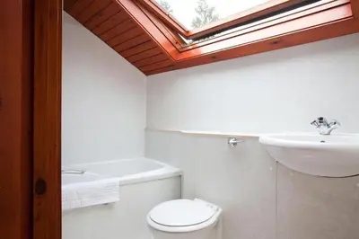 a bathroom with a sink and a toilet and a skylight at Low Croft Cottage in Grasmere