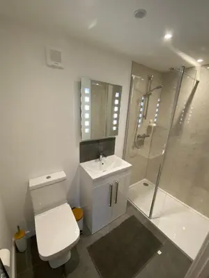 a bathroom with a toilet and a shower and a sink at Latrigg View in Keswick