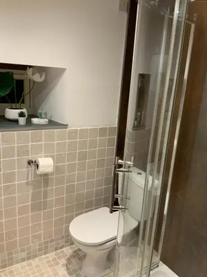 a bathroom with a toilet and a glass shower at Dove Cottage (Annex) in Workington