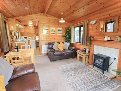 a living room with a couch and a fireplace at Squirrels Leap in Keswick