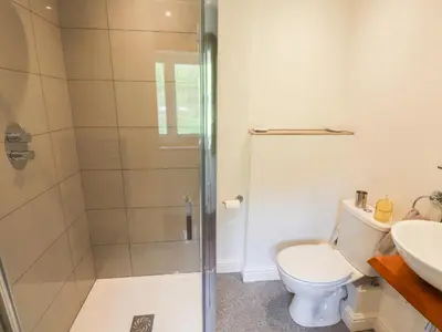 a bathroom with a shower and a toilet and a sink at Two Town End in Penrith