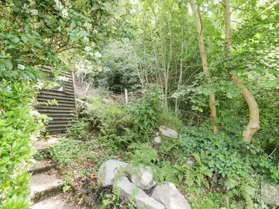 a set of stairs in a garden with trees at Wood End in Dalbeattie