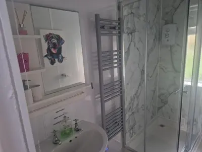 a bathroom with a shower and a sink at Modernised 1720s cottage Newton Stewart Scotland in Newton Stewart