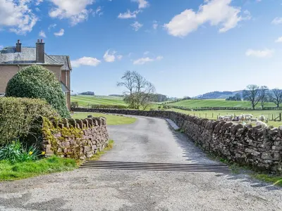 a road with a stone wall next to a house at Woodend Farmhouse Halmyre in Haugh of Urr