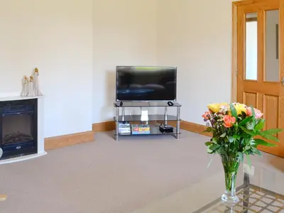 a living room with a television and a vase of flowers at Stronvaar in Stranraer