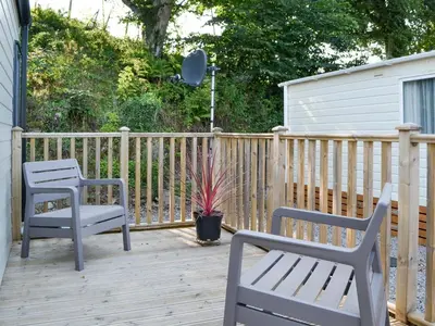 two chairs and a potted plant on a wooden deck at Tranquil Lodge - Uk35277 in Brigham