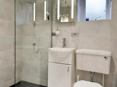 a bathroom with a toilet and a sink and a shower at Lealholme in Bassenthwaite