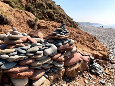 a pile of rocks stacked on a rocky beach at Penny End, Mosser - Western Lakes and great walks in Cockermouth