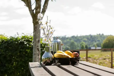 a bowl of fruit sitting on a wooden table at Slatehouse Cottage, Drumlanrig in Thornhill