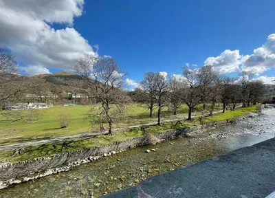 a river with trees next to a field and a mountain at Gretaside in Keswick