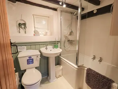 a bathroom with a toilet and a sink and a shower at Jacky Garth Cottage in Keswick