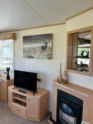 a living room with a television and a fireplace at 24 The Beeches Caravan Park in Gilcrux