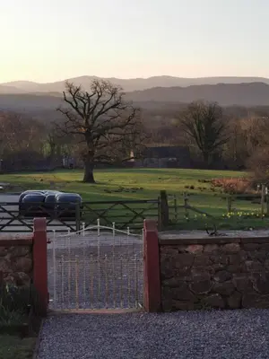 a gate to a field with a tree in the background at Rainors farm B&B in Gosforth