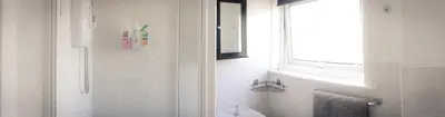 a bathroom with a shower and a window and a toilet at Dumfries Apartment in Dumfries