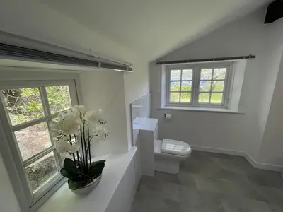 a bathroom with a toilet and a vase of flowers at Brandlehow HOT TUB HIRE AVAILABLE in Portinscale