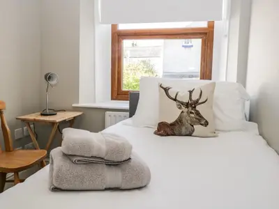 a deer laying on a bed with towels on it at No 2 Waterloo Street in Cockermouth