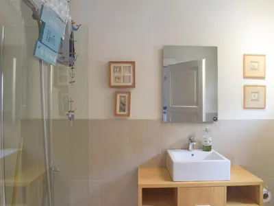 a bathroom with a sink and a shower at Seal Rocks in Lendalfoot