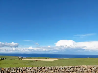 a field with a stone wall and the ocean at Auld Dairy Cottage in Drummore