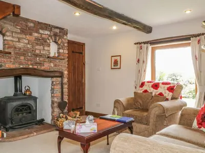 a living room with a brick fireplace and a couch at Poppy Cottage in Penrith