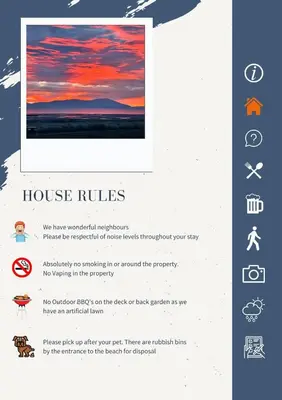 a screenshot of the house rules webpage with a picture of a sunset at Beautiful Beach Front Cottage in Allonby