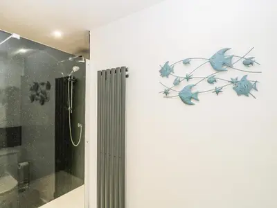 a bathroom with a shower with a fish decoration on the wall at Swaledale Watch House Annexe in Wigton