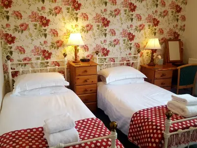 two beds in a room with floral wallpaper at Dorchester House in Keswick