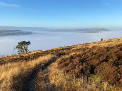 a trail on top of a hill with a view of the water at Stables Cottage in Langholm