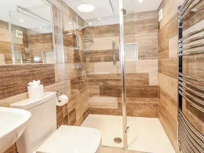 a bathroom with a shower and a toilet at Woodloft Cottage in Elterwater