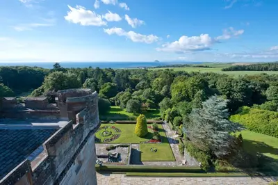 an aerial view of a garden from the castle at Glenapp Castle in Ballantrae