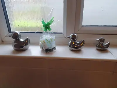 a window sill with three little birds and a vase at Plum Cottage in Keswick