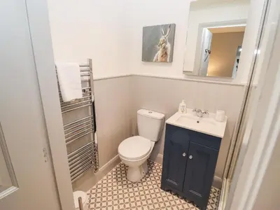 a bathroom with a toilet and a sink and a mirror at Tilly's Cottage in Grasmere