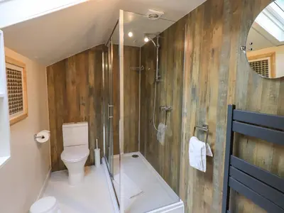 a bathroom with a toilet and a shower at Underheron in Grasmere