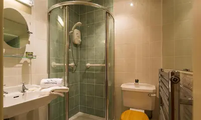 a bathroom with a shower and a toilet and a sink at Felldale in Glenridding