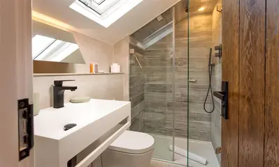 a bathroom with a toilet and a sink and a shower at Underhowe in Grasmere