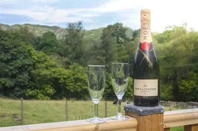 a bottle of wine and two wine glasses on a fence at Elterwater Lodge in Little Langdale