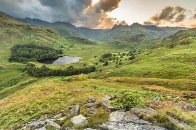 a view of a mountain valley with a lake at Herdwick Place Langdale Valley in Great Langdale