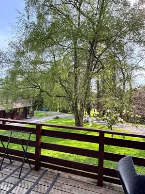 a deck with a bench and a tree at Lady Galloway 27 with Hot Tub in Newton Stewart