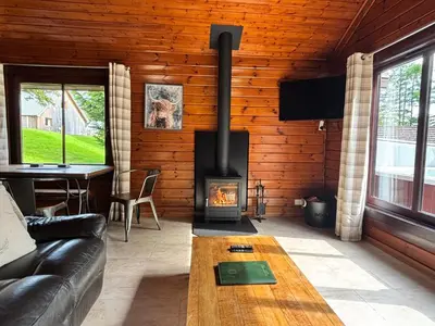 a living room with a fireplace in a log cabin at Lady Galloway 28 with Hot Tub in Newton Stewart