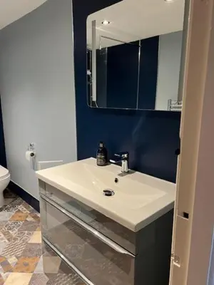 a bathroom with a white sink and a mirror at Cosy country cottage in rural location in Moffat