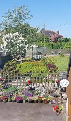 a garden filled with lots of flowers and a clock at Mains Street Retreat in Lockerbie