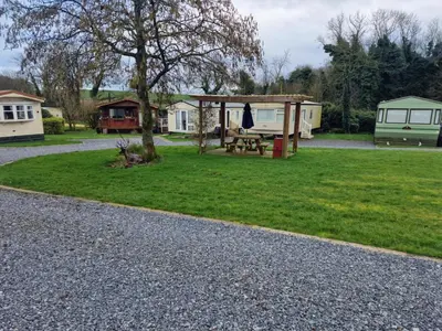 a campsite with a picnic table and a tree at Stunning Caravan Whithorn3 in Newton Stewart