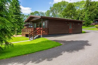 a small wooden house with a driveway at Bluebell Lodge 10 with Hot Tub in Newton Stewart