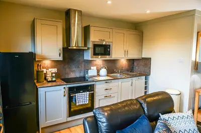 a kitchen with white cabinets and a black refrigerator at Bluebell Lodge 24 with Hot Tub in Newton Stewart