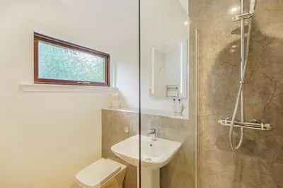a bathroom with a toilet and a sink and a shower at Birch Lodge 22 with Hot Tub in Newton Stewart