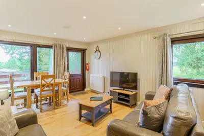a living room with a couch and a table at Birch Lodge 23 with Hot Tub in Newton Stewart