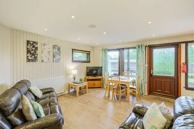 a living room with a leather couch and a table at Birch Lodge 16 in Newton Stewart