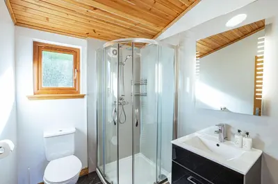 a bathroom with a shower and a toilet and a sink at Laurel Lodge 6 with Hot Tub in Newton Stewart