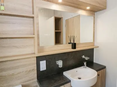 a bathroom with a sink and a mirror at Dershel Lodge in Dumfries