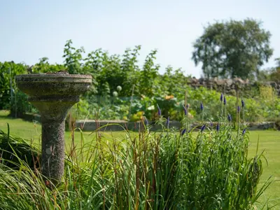 a stone birdbath in the middle of a garden at How Hill Farm Cottage in Penrith