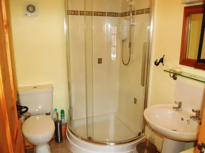 a bathroom with a shower and a toilet and a sink at Sycamore Cottage in Ellonby